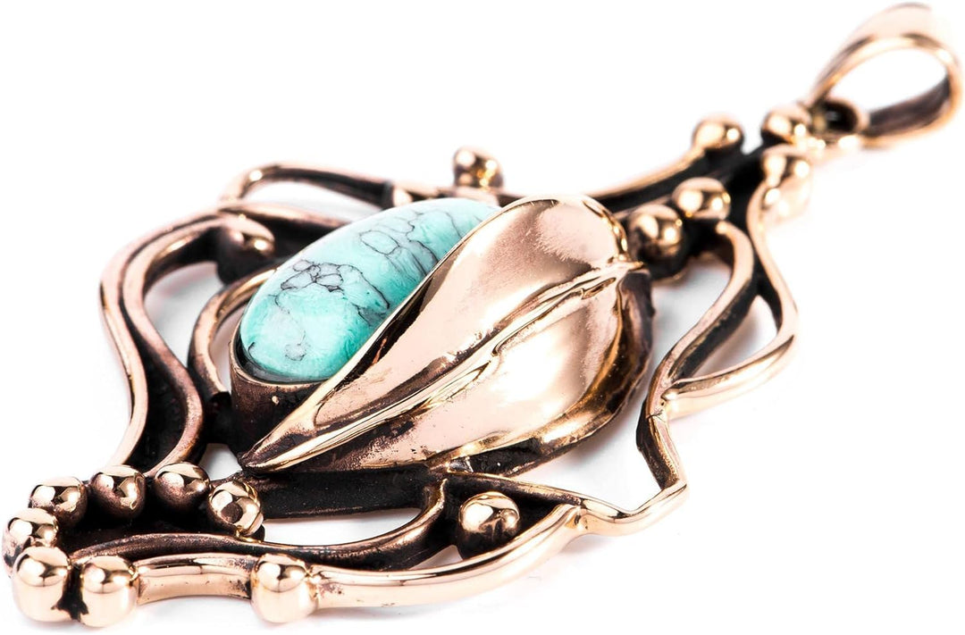 Windalf Grosser Bohemian Schmuck Anhänger ISIRA 6.5 cm Türkis Zauberblatt Bronze