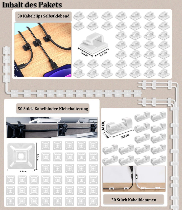 MiuCo 255Pcs Weiss Kabelmanagement Set Mit Kabelbox, Kabelhalter Selbstklebend, Rollenkabelbinder, S