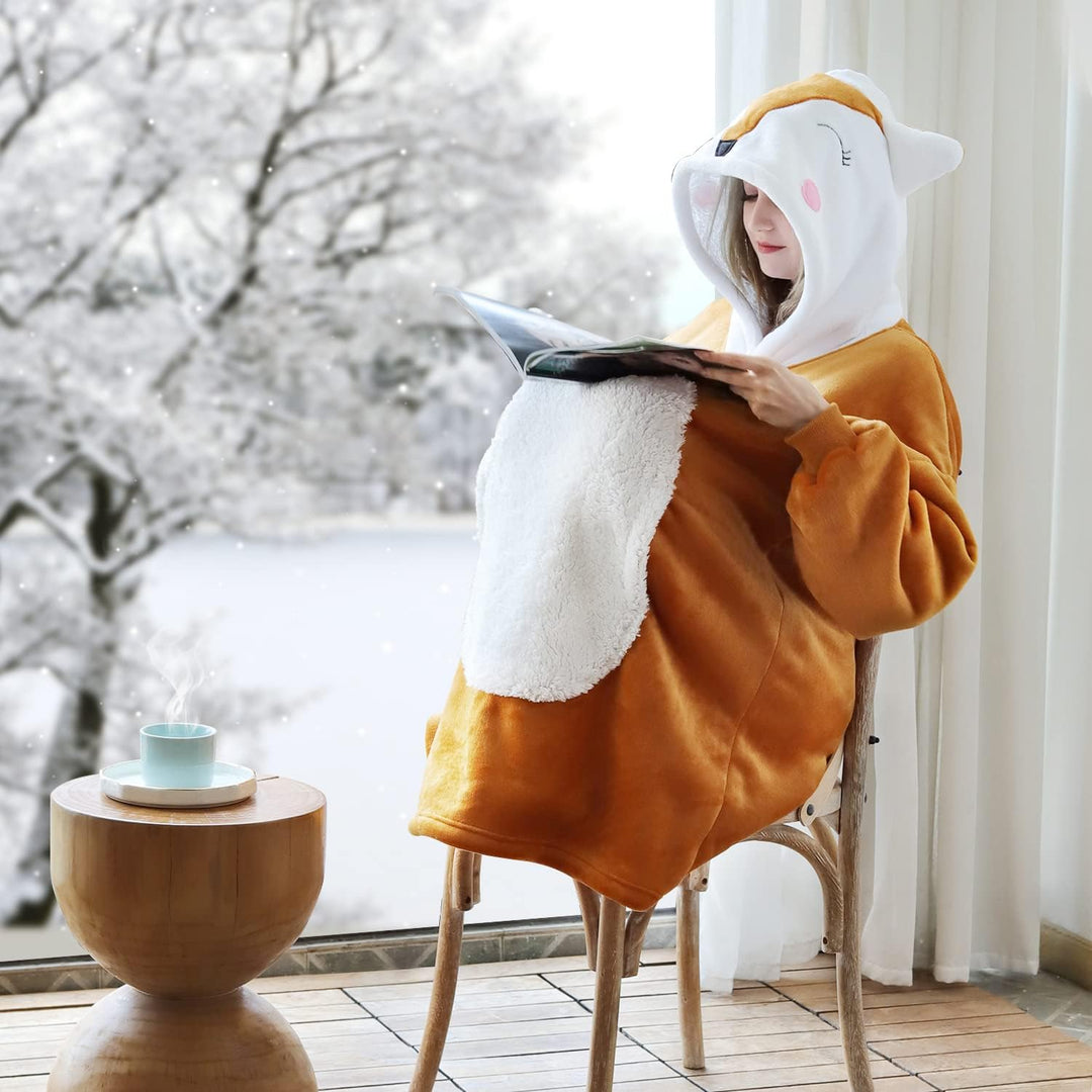 Queenshin Furry Orangener Fuchs Sweatshirt Kuscheldecke Flauschig Baumwolle Tragbare Decke Mit Ärmel