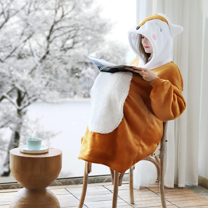 Queenshin Furry Orangener Fuchs Sweatshirt Kuscheldecke Flauschig Baumwolle Tragbare Decke Mit Ärmel
