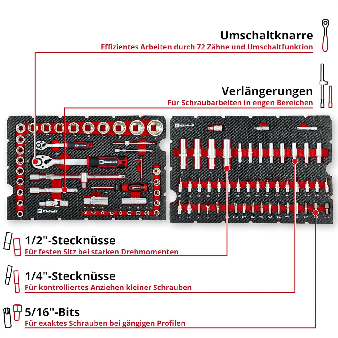 Original Einhell E-Case 92-tlg. Werkzeugkoffer Werkstatt (Werkstattausstattung, KFZ-Stecknüsse, Bit-