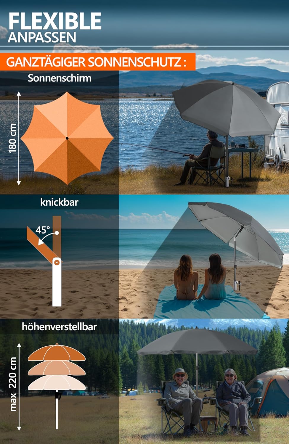 4smile Sonnenschirm Strand Ø 180 cm SET mit Eindrehbodenhülse, Anthrazit | Strandschirm Windfest Sta