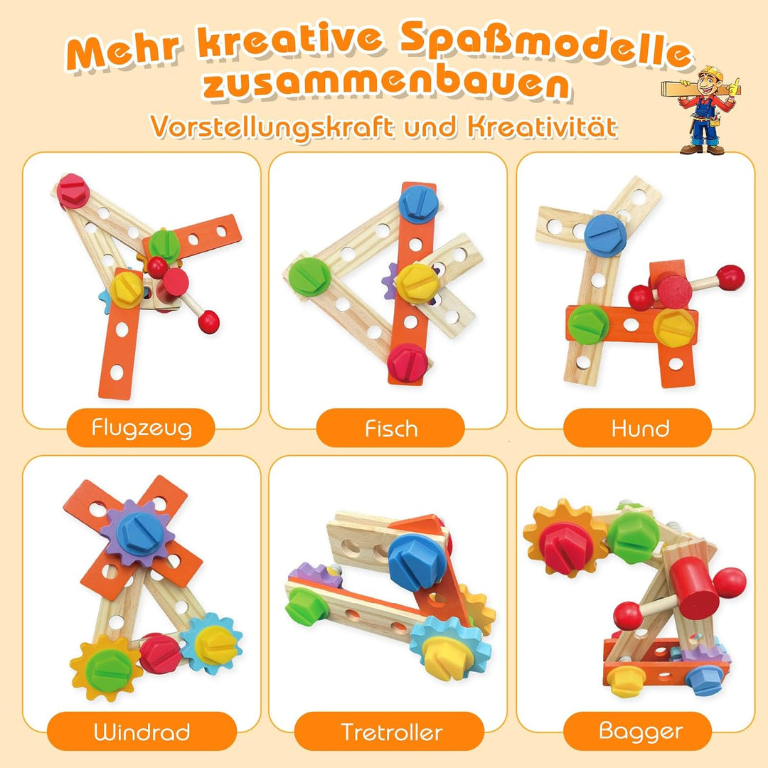 Werkzeugkoffer Kinder Werkbank, 2 in 1 Feuerwehrfahrzeug aus Holz und Werkzeug Kinder, Montessori Ho