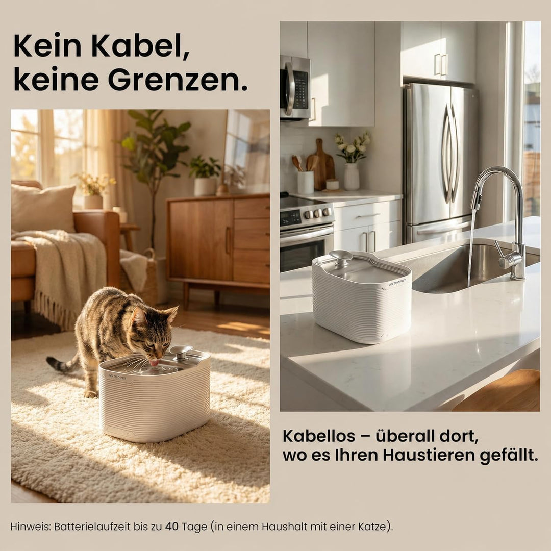 AstroPet Scorpio Katzenbrunnen Kabellos - 2,5L Trinkbrunnen für Katze &amp; Hunde mit App Steuerung, 520