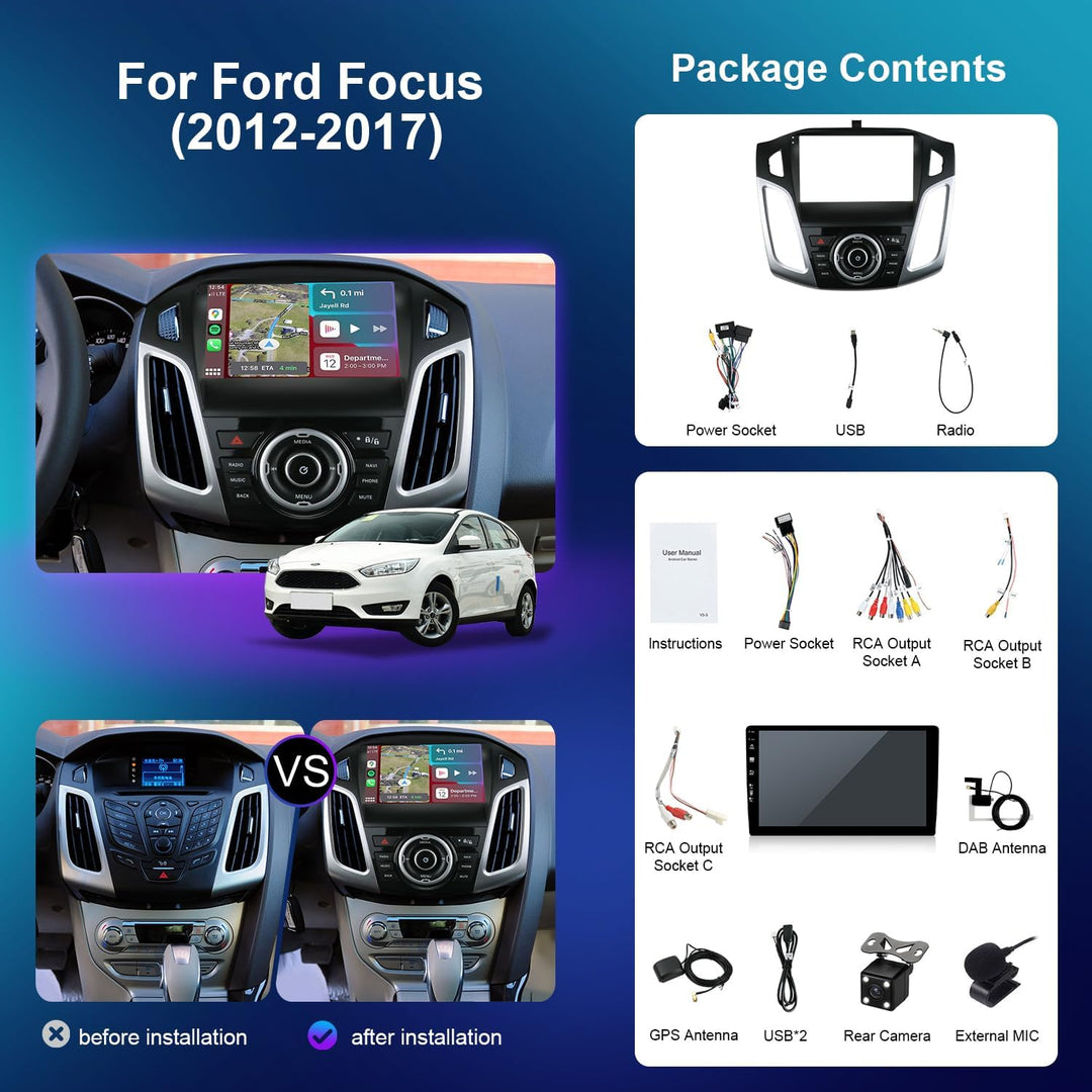 [Eingebaut DAB] - Android 15 IPS Autoradio für Ford Focus (2012-2017) - Kabellos Carplay/Android Aut