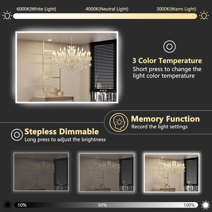 100x70cm LED Spiegel Bad Mit Bluetooth, Badezimmerspiegel Mit Licht, Badspiegel Badezimmer mit Defog