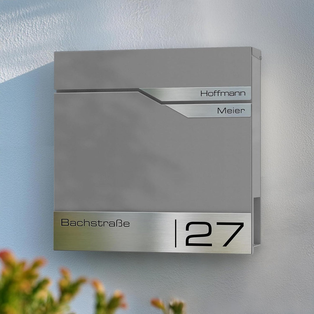 Metzler Briefkasten Grau 2 Parteien mit Zeitungsfach und Hausnummer – Wandbriefkasten mit Zwei Namen