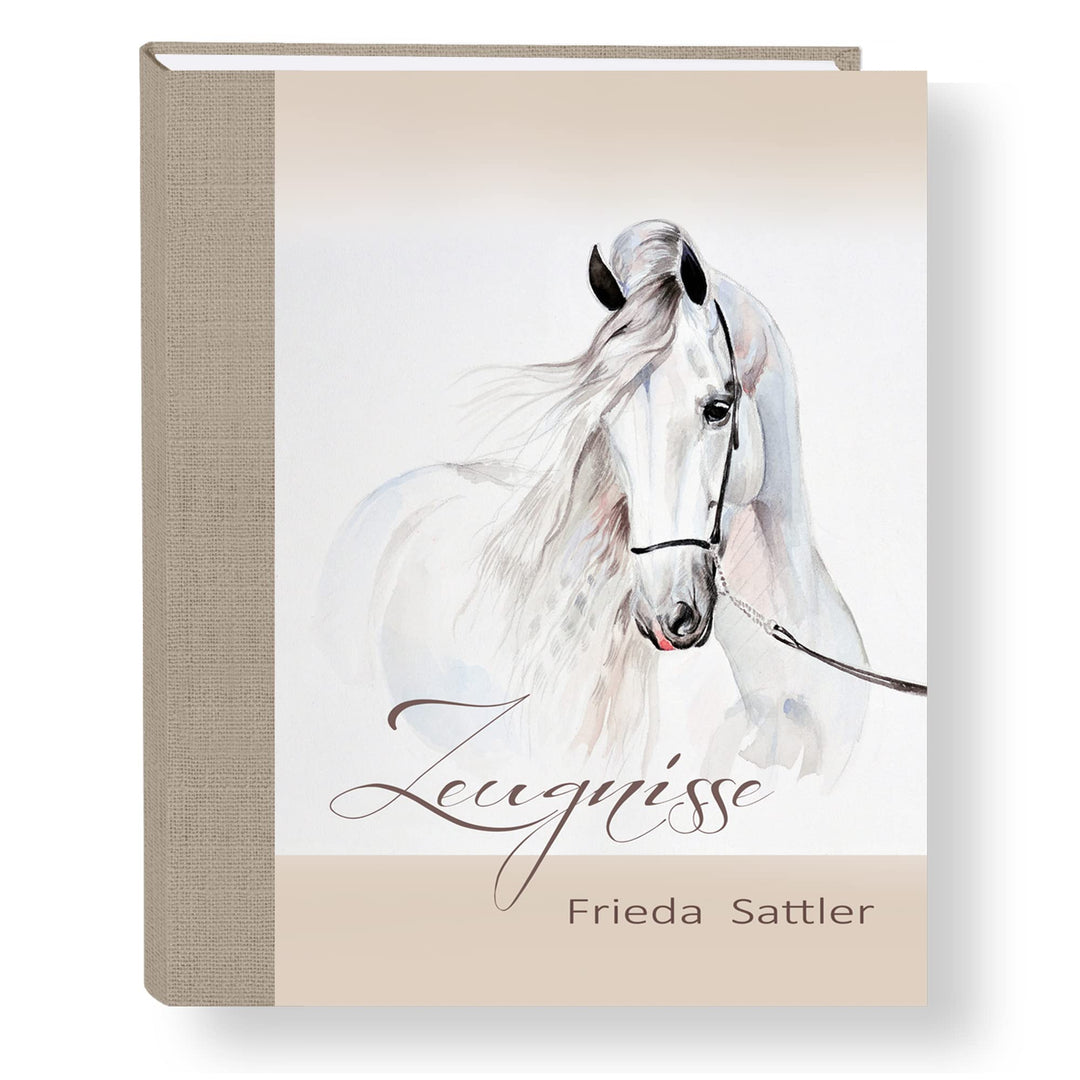 Zeugnismappe personalisiert White Horse A4 ca. 31x24 cm beige Zeugnisbuch Pferd Urkundenmappe Einsch