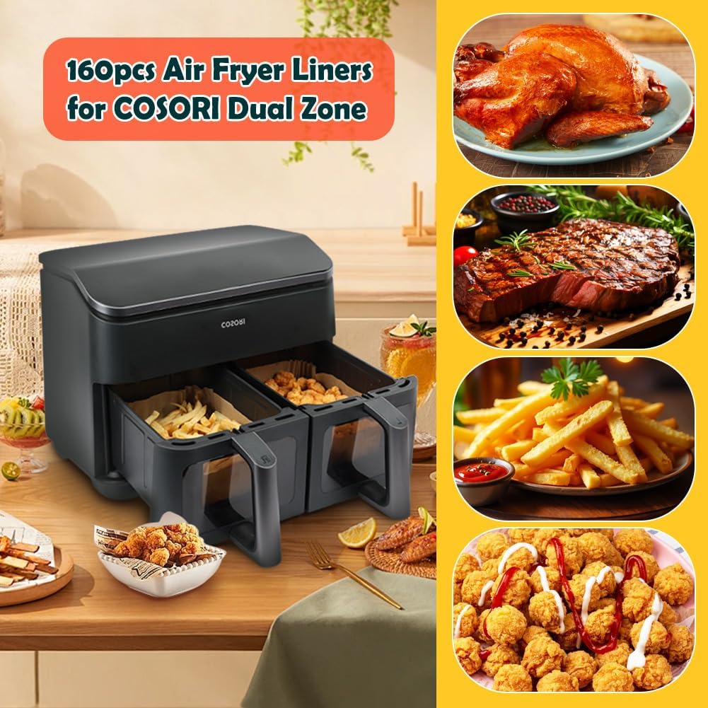 BYKITCHEN 160 Stück Backpapier für Heissluftfritteuse COSORI 2 Kammern, Dual Zone Air Fryer 8,5 L, A