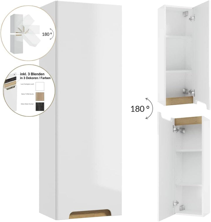 Lomadox Badmöbel Hängeschrank/Unterschrank,180° drehbar Hochglanz weiss lackiert, mit 3 Griffblenden