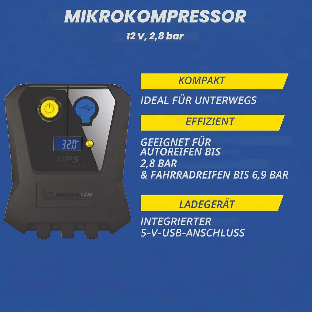 MICHELIN 9518 62001 Micro 12V fürs Auto | Kompakt und Digital | Reifendruck Luft Kompressoren Perfek