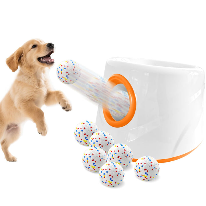 Ballwurfmaschine für Hunde, Ballmaschine Hund mit 6 E-TPU Tennisbälle, Interaktives Hundespielzeug E