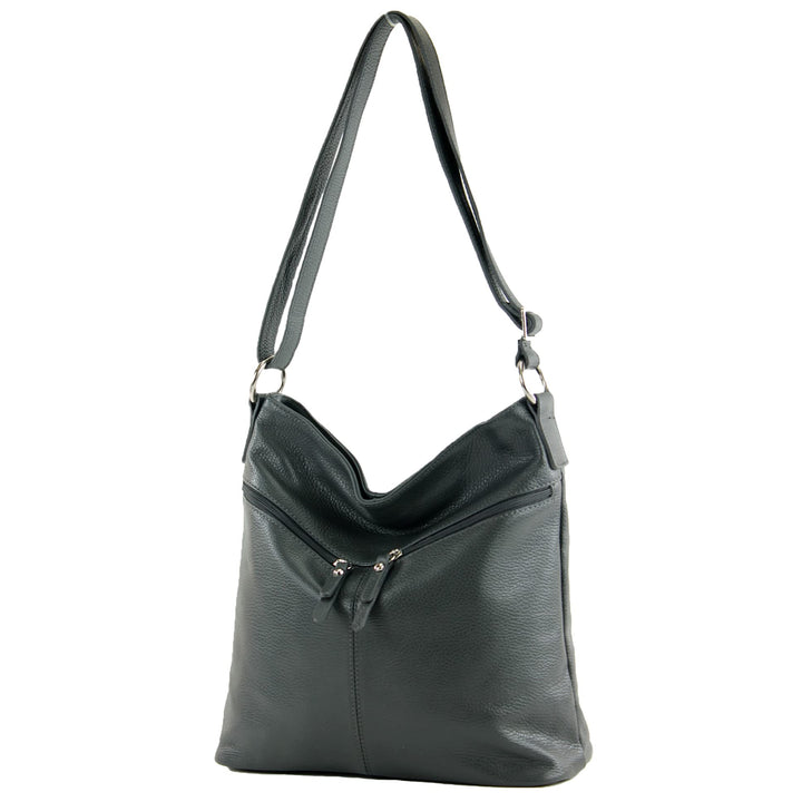modamoda de - T196 - ital Umhängetasche Schultertasche aus Leder Anthrazitgrau, Anthrazitgrau