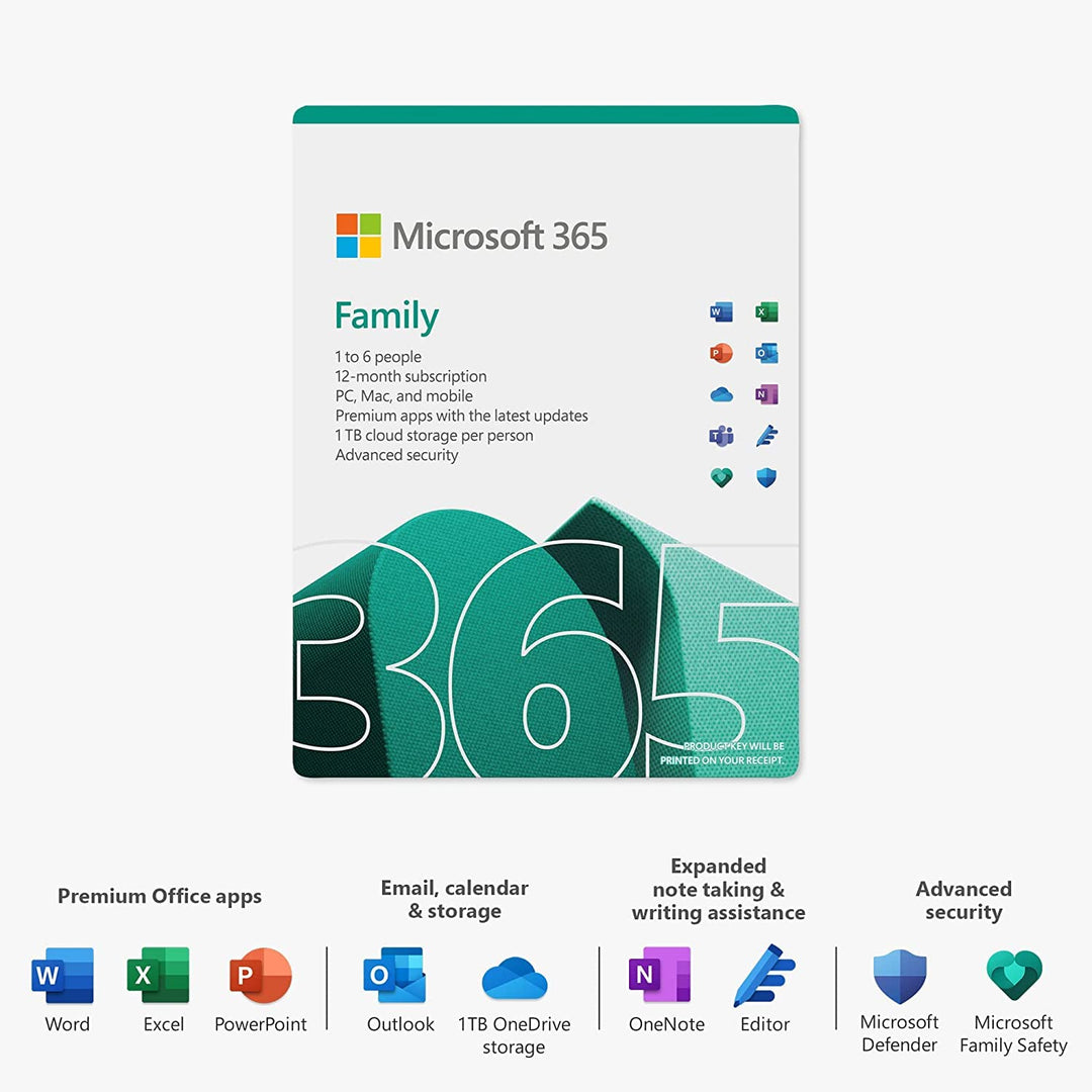 Microsoft 365 Family | Office 365 apps | up to 6 users | 1 year subscription | Multiple PCs/Macs, Ta