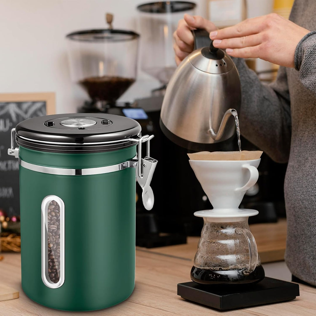Kaffeedose Luftdicht 1,8L, Kaffeebohnen Behälter aus Edelstahl mit Transparentem Fenster, Datumsanze
