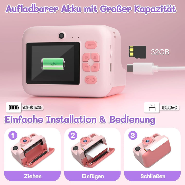 Kinderkamera Sofortbildkamera, 2,4 Zoll Sofortbildkamera Kinder mit 32GB Karte & 3 Rollen Druckpapie