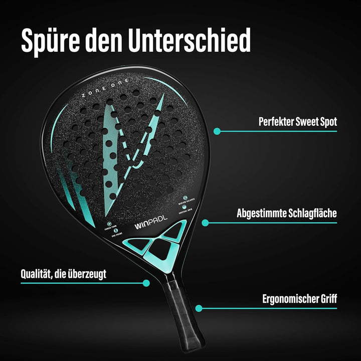 Padelschläger Zone One aus Carbonfaser - 100% Carbon-Rahmen, Soft-Eva-Kern, 365 g, Tropfenform, raue