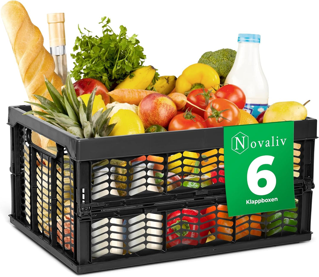 Novaliv Klappboxen faltbar stabil | 6x 30L Schwarz Schwarz baskets Einkaufskiste| Klappkisten Set Tr