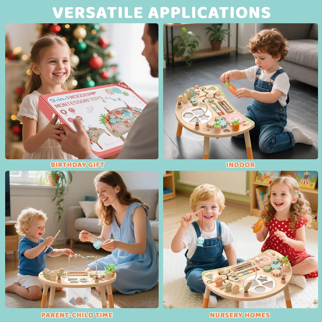Hewaurorion 9-in-1 Holz-Aktivitätstisch für Kinder, Baby Montessori Spielzeug ab 1 2 3 Jahr, Kinders
