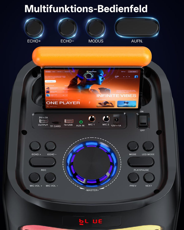 JYX Karaoke Anlage mit 2 drahtlosen Mikrofonen, Grosser Karaoke Lautsprecher Bluetooth mit Rädern un