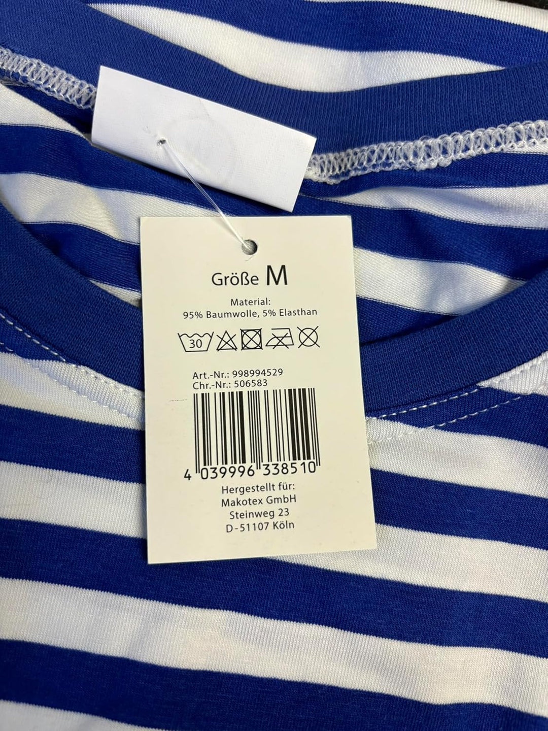 Ringelshirt Lang-Kurzarm Grösse XS bis 4XL, 95% BW Stretch, Karneval, Fasching, Blau-weiss