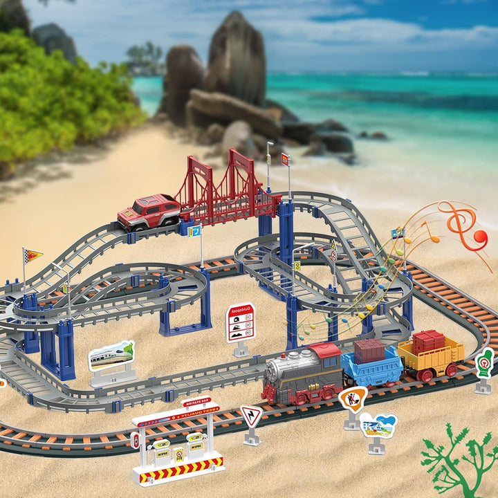 Kinder Eisenbahnschiene Zug Spielzeug Set, Autorennbahn Spielzeug mit Zug&Autobahnautos, für Kinder