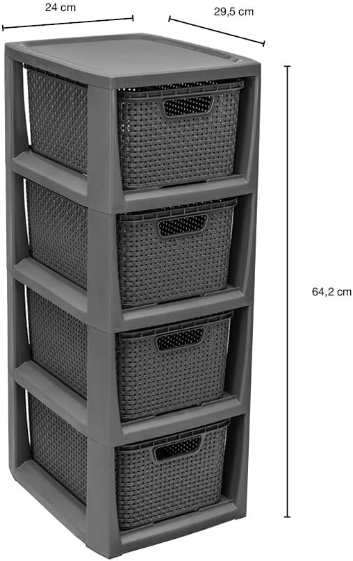 BranQ - Home essential Regal in Rattan Design, Plastic, Anthrazit, 23 x 29 x 65 cm 4 Körben Anthrazi
