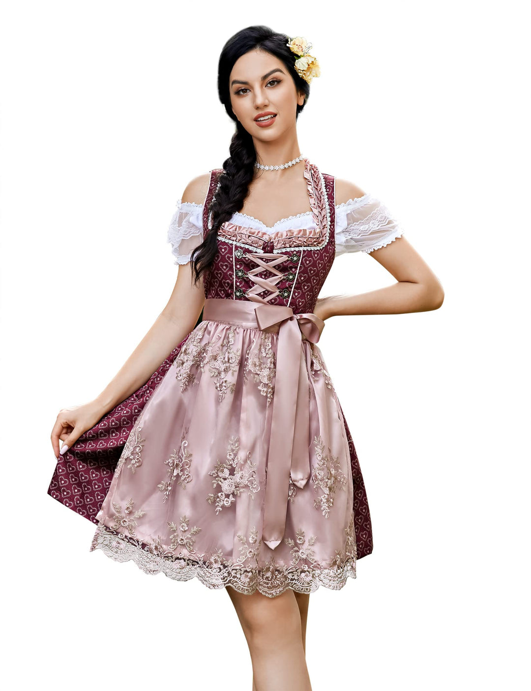 KOJOOIN Trachtenkleid Dirndl Kurz Damen Midi für Oktoberfest 3tlg.- DREI Teilig: Kleid, Bluse, Schür