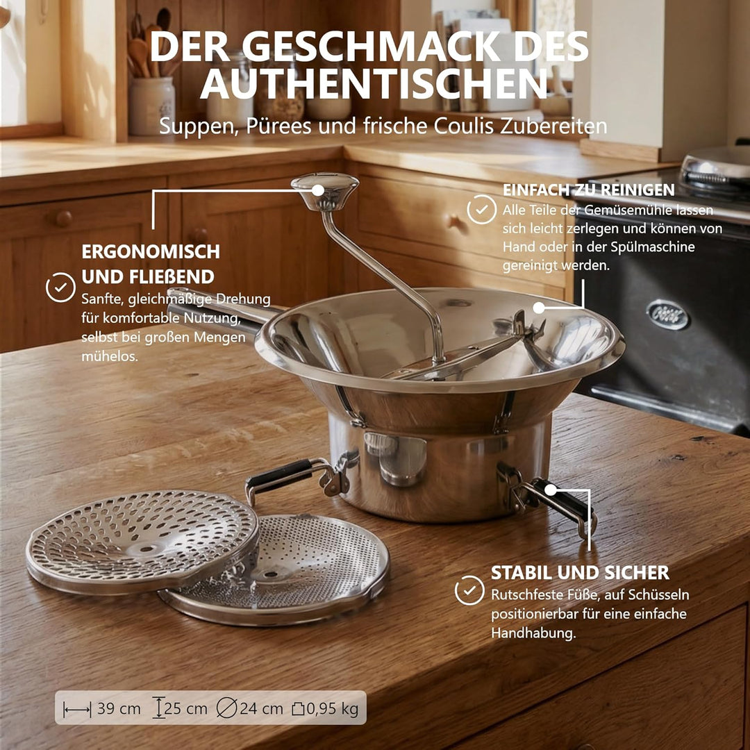 LA BONNE GRAINE Edelstahl-Passiermühle 24 cm | Profi Flotte Lotte mit 3 Siebscheiben | Passiergerät
