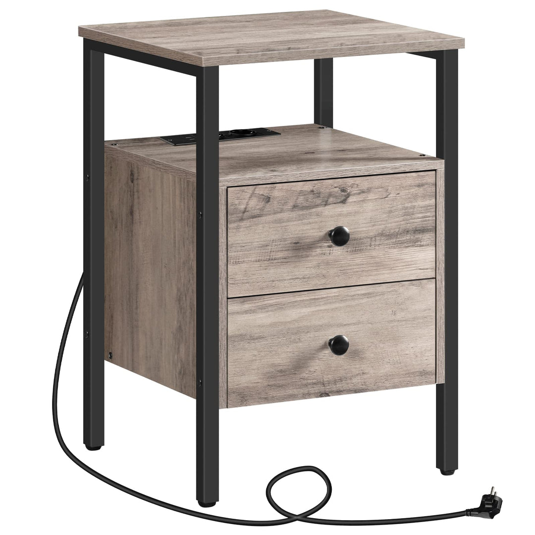 HOOBRO Nachttisch mit Ladestation, Beistelltisch, Sofatisch mit 2 Schubladen, Couchtisch mit USB-Ans