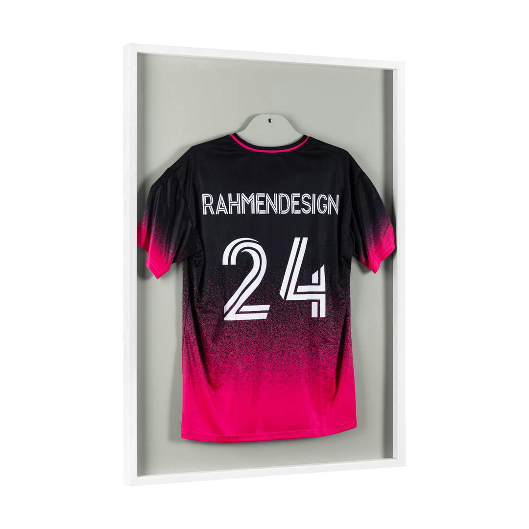 Trikotrahmen Weiss 70x90 mit Passepartout Lichtgrau – 3D Objektrahmen für Fussballtrikots – Jersey F