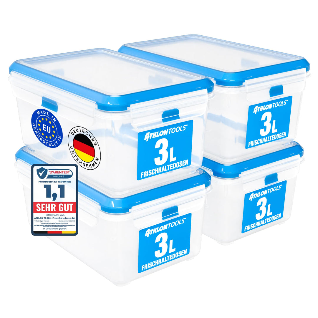 ATHLON TOOLS 4x 3L Frischhaltedosen-Set - 100% luftdicht und auslaufsicher -40 bis +100 Grad - für a