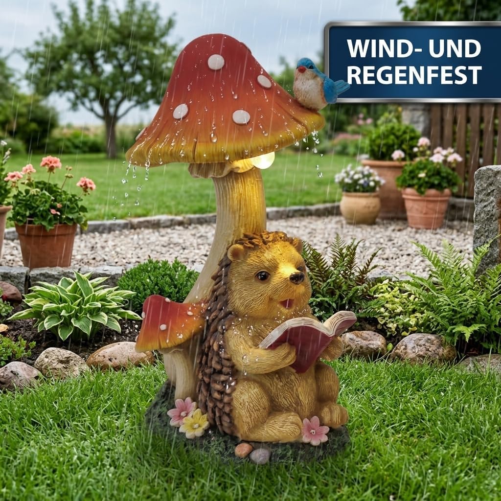 TERESA'S COLLECTIONS Gartendeko für Draussen Igel Gartenfigur mit Pilz Feengarten Figur Solar Garten