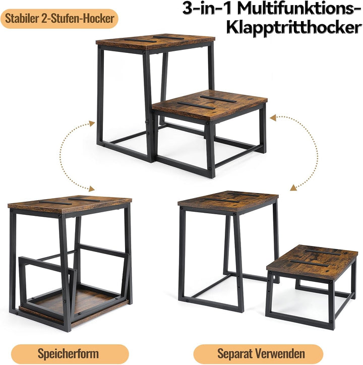 smusei 2 Stufen Tritthocker Klappbar für Erwachsene & Kinder, 3-in-1 Stabiler Holzhocker Fussbank Ab
