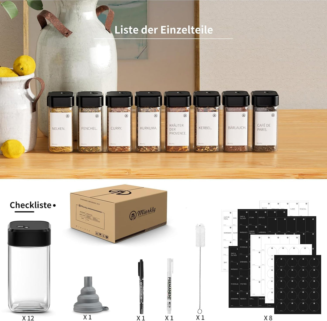 Miorkly 12 Gewürzgläser Eckig mit Drehdeckel,Gewürzstreuer Glas 120 ml - Gewürzdosen Set Starke Vers