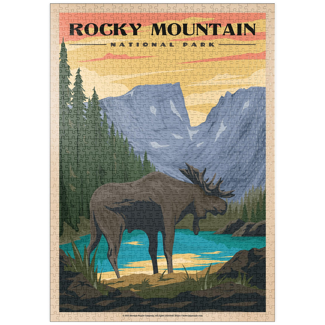 Rocky Mountain National Park - Moose in The Rocky Sunrise, Vintage Travel Poster - Premium 1000 Teil