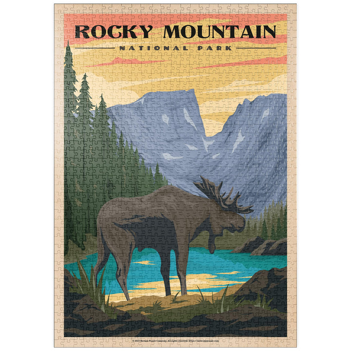 Rocky Mountain National Park - Moose in The Rocky Sunrise, Vintage Travel Poster - Premium 1000 Teil