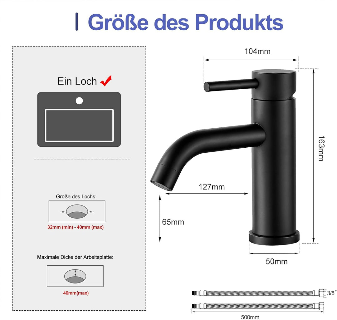 GENBONS Wasserhahn Bad Schwarz, Moderner Einhebelmischer für Waschbecken, Hochwertige Waschtischarma