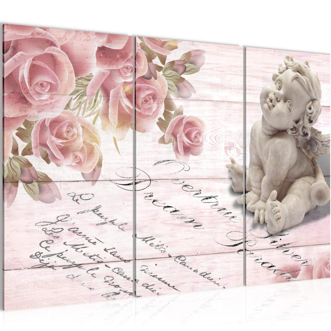 Runa Art Wandbilder Engel Blumen Bild XXL Wohnzimmer Schlafzimmer Rosa Rosen Holz 120 x 80 cm 3 Teil
