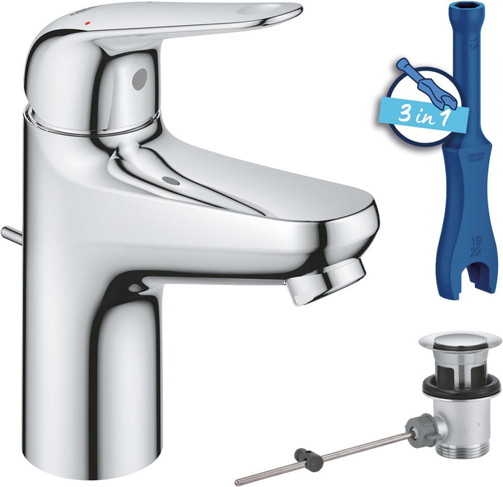 GROHE Swift - Waschtischarmatur (wassersparend, ~16cm hoch, inkl. Montagewerkzeug, Zugstange), chrom