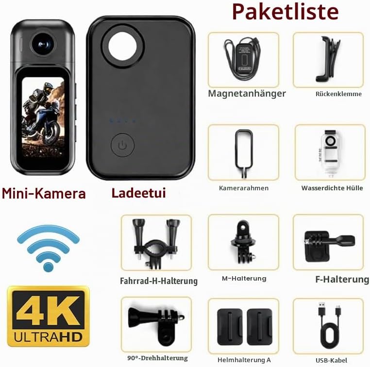 4K Mini Action Kamera WLAN, Daumengrösse mit 1,47” Touchscreen &amp; 180° Drehbarer Linse, Magnetische B
