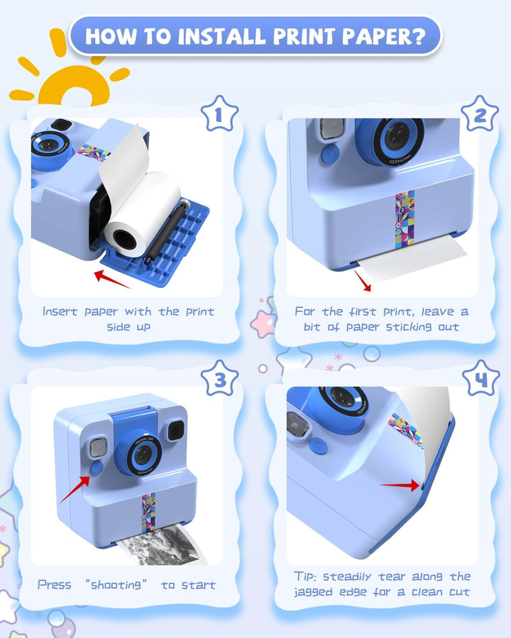 Kinder Sofortbildkamera, 1080p Sofortdruck Kamera für Kinder, 180° drehbares Selfie Objektiv mit 32G