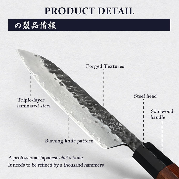 MITSUMOTO SAKARI Handgeschmiedetes Küchenmesser, Hochkohlenstoffstahl Scharfe Kochmesser, 19 cm Sant