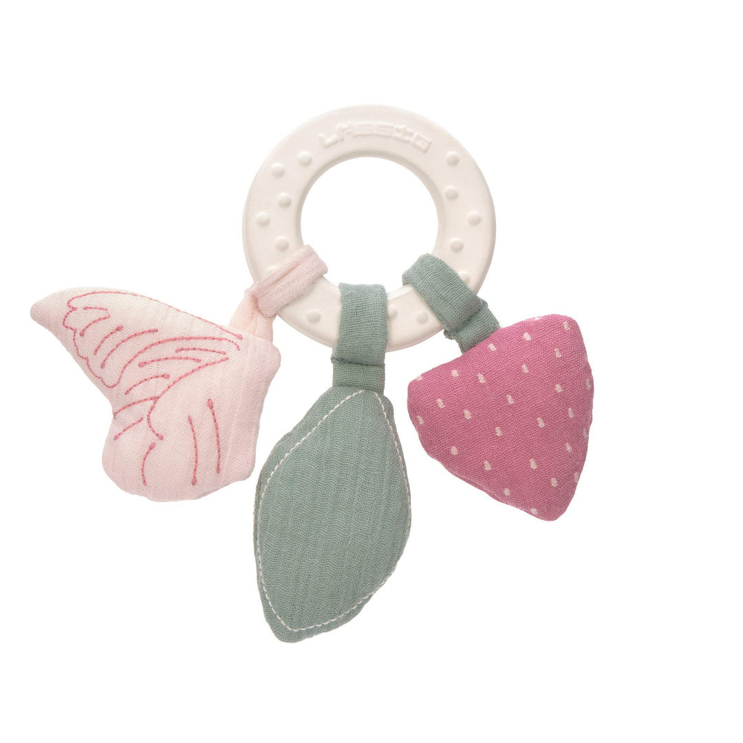 LÄSSIG Greifling Beissring Naturkautschuk und Bio-Baumwolle/Teether "Ring" Butterfly Pink/Minzgrün,
