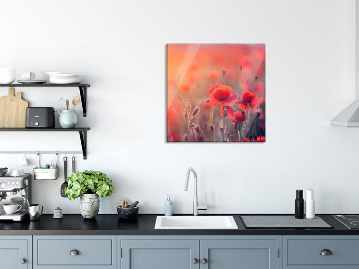 Pixxprint Glasbild | Wandbild auf Echtglas | Mohnblumenfeld | 40x40 cm | inkl. Aufhängung und Abstan