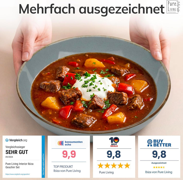 Steingut Suppenteller 6 Pers. Rustic Hochwertiges Landhausstil TEST SEHR GUT Tiefe Teller Set - Krat