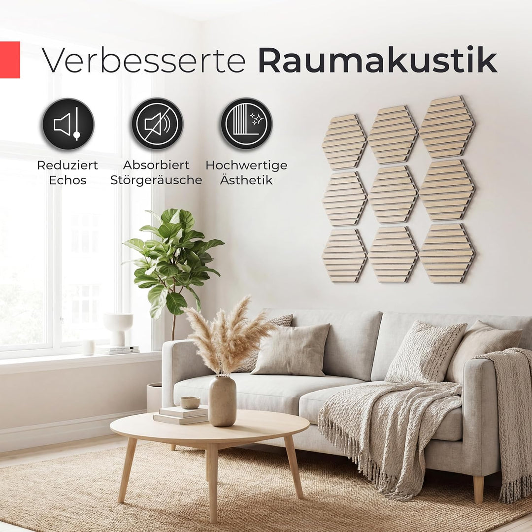 Akustikpaneele Holz selbstklebend – 3er-Set | Echtholz Eiche & Akustikfilz Grau | Hexagon 30x26cm –