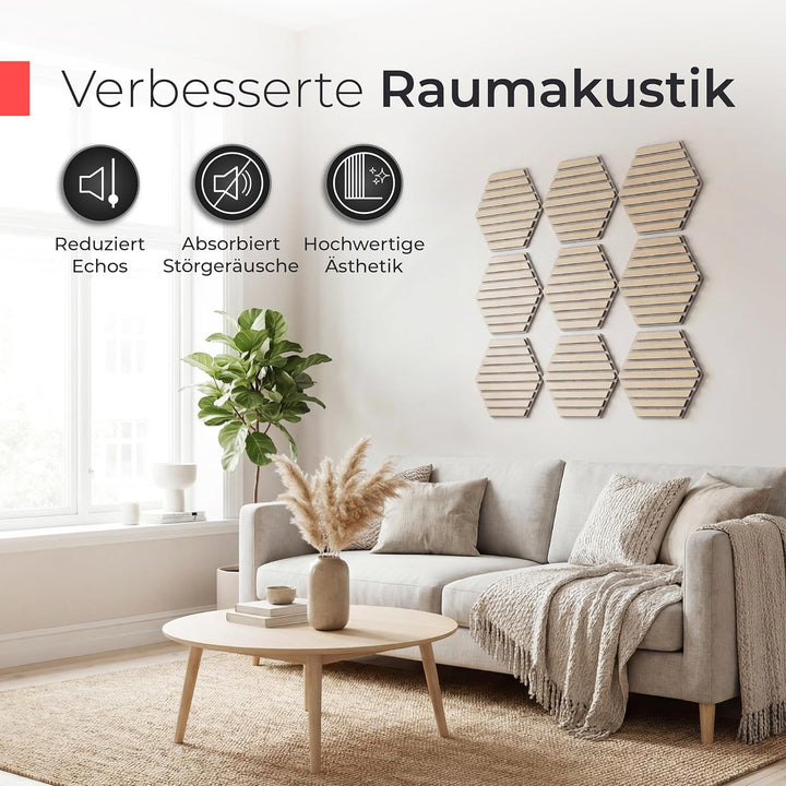 Akustikpaneele Holz selbstklebend – 9er-Set | Echtholz Eiche & Akustikfilz Grau | Hexagon 30x26cm –