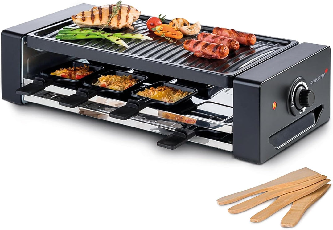 Korona 45070 Raclette für 8 Personen | 8 Pfannen & Spatel | Extra Pfannenablage | Mit antihaftbeschi