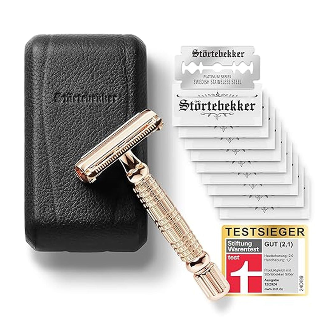 Störtebekker® Premium Rasierhobel im handgefertigten Leder-Etui | Rasier-Set mit 10 Rasierklingen, R
